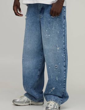 Herren Destroyed Super Weite Jeans Hosen In Used-Waschung Stonewash Größe 34R