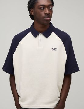 Herren Übergroßes Kastiges Kurzarm-Herren-Schrift-Raglan-Poloshirt Navy Größe Large