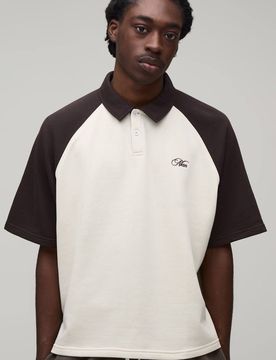 Herren Übergroßes Kastiges Kurzarm-Herren-Schrift-Raglan-Poloshirt Chocolate Größe Large