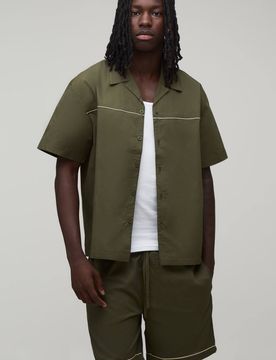 Herren Baumwoll-Popeline-Set Mit Paspeldetail – Übergroßes Hemd & Entspannte Shorts Olive Größe Medium