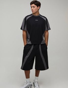 Herren Übergroßes Kastiges Oberteil Mit Paneelen Und Jersey-Shorts-Set Black Größe XS