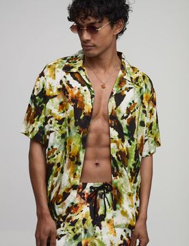 Herren Übergroßes Hemd Mit Abstraktem Druck Und Reverskragen Green Größe Small