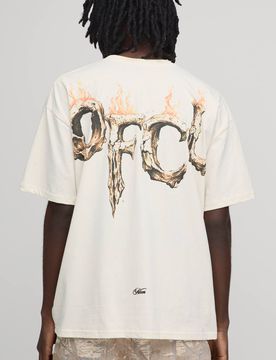 Herren Oversized T-Shirt Mit Großflächigem Horn-Flammen-Print Ecru Größe Large