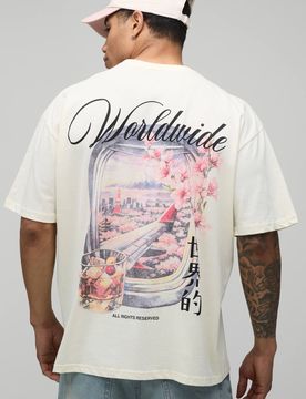 Herren Ecru Übergroßes T-Shirt Mit Fenster-Landschafts-Druck Größe Large