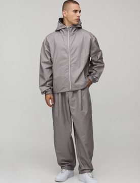 Herren Normal Geschnittener Nylon-Karo Durchgehend Reißverschluss Stehkragen Trainingsanzug Stone Größe XS