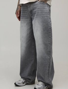 Herren Übergroße Super Weite Gewaschene Bestickte Abnäher-Jeans Hosen Für Große Größen Light Grey Größe 36L