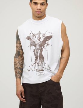 Herren Weißes Übergroßes Kastenförmiges Oberteil Mit Sichtbaren Nähten Und Renaissance-Druck White Größe Small