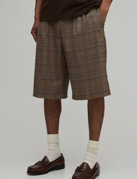 Herren Taillierte Karierte Shorts Mit Weitem Bein Und Bundfalten Chocolate Größe 36