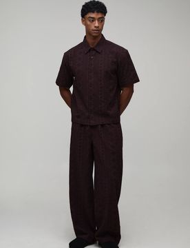 Herren Baumwoll-besticktes Übergroßes Kastenförmiges Hemd & Weite Hose Mit Verlängerter Kordelzug-Set Chocolate Größe XL