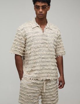 Herren Strukturiertes Baumwoll-Hemd Mit Tiefem V-Ausschnitt In Übergroßer Passform & Entspanntes Shorts-Set Natural Größe Medium
