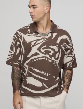 Herren Übergroßes Kastiges Jacquard-Strick-Poloshirt Mit Abstraktem Gesicht Taupe Größe Small