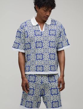 Herren Übergroßes Kastenförmiges Häkel-Quadratmuster Gestricktes Poloshirt Und Shorts Set Yellow Größe XL