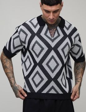 Herren Großes Entspanntes Häkel-Tapisserie Gestricktes Polohemd Black Größe XL