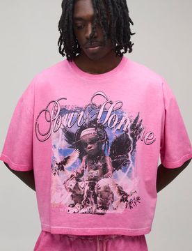 Herren Gewaschenes Helles Übergroßes Kastenförmiges Grafik-Druck Oberteil Pink Größe Medium
