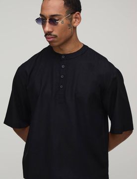 Herren Übergroß Geschnittenes Kastenförmiges Leinen-Mix Kurzarmhemd Mit Henley-Ausschnitt Black Größe Medium