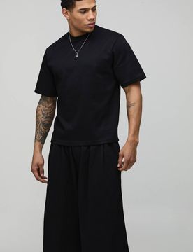 Herren Kastiges Plissiertes T-Shirt & Bermuda-Shorts Set Black Größe Small