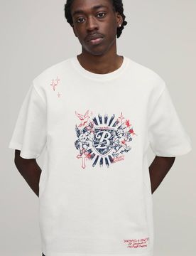 Herren Entspanntes Waffel-Doodle-Druck Kurzarm-Oberteil Ecru Größe Medium