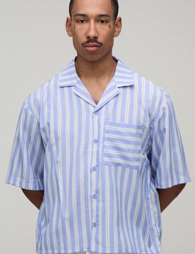 Herren Übergroßes Kurzarmhemd Mit Reverskragen Und Streifenmuster Light Blue Größe Small