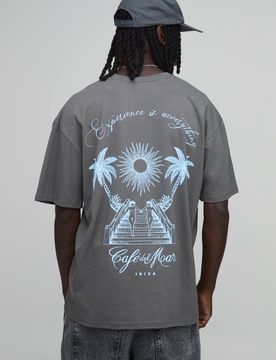 Herren Übergroßes Cafe Del Mar Palmen-Lizenz-Druck Oberteil Charcoal Größe XS