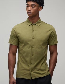 Herren Schmal Geschnittenes Jersey Kurzarmhemd Mit Reverskragen Khaki Größe XS