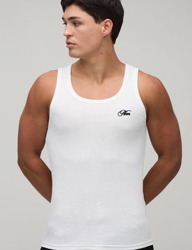Herren Muskelbetontes Geripptes Unterhemd Für Herren Mit Aufgesticktem Schriftzug White Größe Large