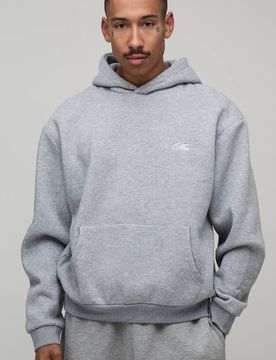 Herren Übergroßer Kastenförmiger Kapuzenpullover Mit MAN-Schriftzug-Stickerei Grey Marl Größe Medium