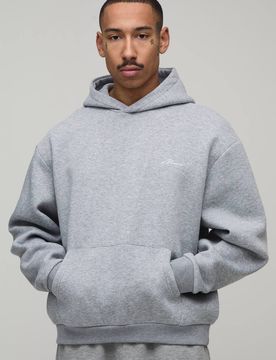 Herren Übergroßer Kastenförmiger Herren-Kapuzenpullover Mit Signatur-Stickerei Grey Marl Größe Large