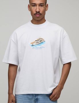 Herren Weißes Übergroßes Kastiges Yacht-Druck Oberteil White Größe Large