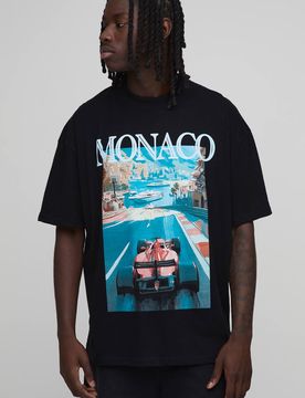 Herren Übergroßes Oberteil Mit Verlängertem Ausschnitt Und Monaco-Rennmotiv-Aufdruck Black Größe Medium