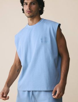 Herren 280 G/m² Schweres Übergroßes Kastenförmiges Besticktes Trägershirt Dusty Blue Größe Small
