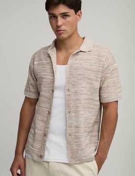 Herren Normal Geschnittenes Meliertes Strickhemd Aus Baumwollmischung Taupe Größe 3XL