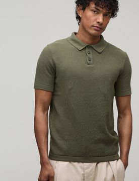 Herren Normal Geschnittenes Strukturiertes Strick-Poloshirt Mit Knopfleiste Olive Größe Small