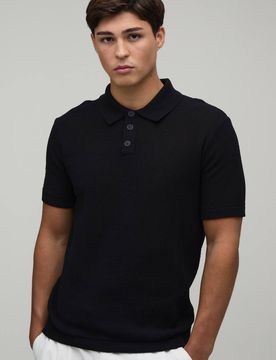 Herren Normal Geschnittenes Strukturiertes Strick-Poloshirt Mit Knopfleiste Black Größe XS