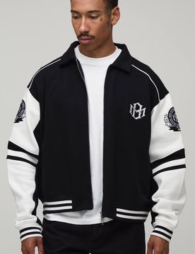 Herren Kastige Collegejacke Mit Kragen Und Farbblockierung Im Varsity-Stil Aus Jersey Black Größe XL