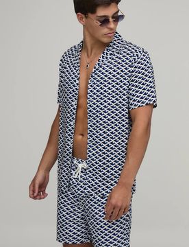 Herren Hemd & Badeshorts Set Mit Geo-Druck Navy Größe XL