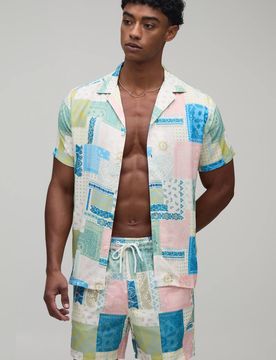 Herren Bandana-bedrucktes Hemd & Badeshorts Set Pink Größe Large