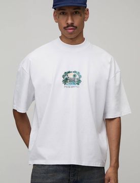 Herren Weißes Übergroßes Kastiges Oberteil Mit Palm-Springs-Druck White Größe XL