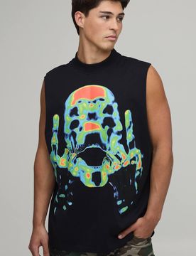 Herren Schwarzes Übergroßes Grafik-Trägertop Black Größe Large