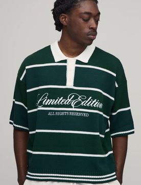 Herren Regulär Geschnittenes Strick-Poloshirt Mit Varsity-Streifen Und Stickerei Green Größe Large