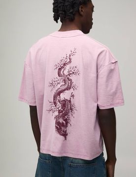 Herren Gewaschenes Rosa Übergroßes Kastenförmiges Drachengrat-Print Oberteil Mit Freiliegenden Nähten Washed Pink Größe XS