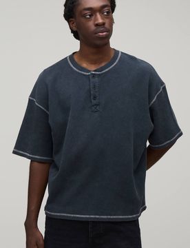 Herren Übergroßes Kastenförmiges Waffel-Henley-Oberteil Mit Acid-Wash Charcoal Größe Medium