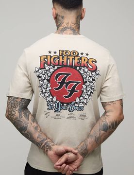 Herren Großes Reguläres Foo Fighters Geblümtes Lizenz-Print T-Shirt Stone Größe Small
