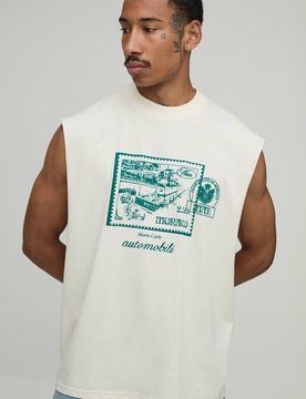 Herren Ecru Übergroßes Postkarten-Print Trägershirt Größe XL