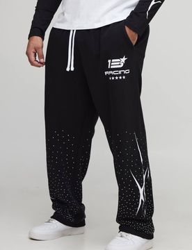 Herren Plus Baggy Moto Print Strass-verzierte Jogginghosen Black Größe 4XL
