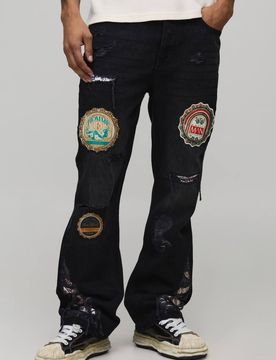 Herren Slim Flare Jeans Hosen mit Applikations-Abzeichen und Zwickel Washed Black Größe 32R