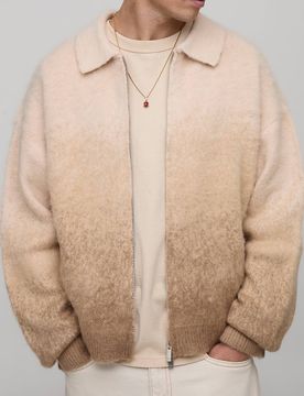 Herren Boxy Fit Ombre Zip-Through Gestrickte Harrington-Jacke Taupe Größe Small
