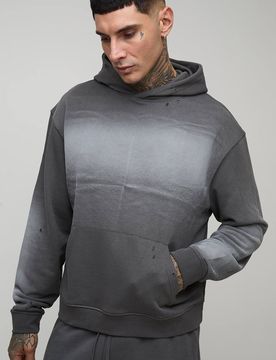 Herren Langer Oversized Kastenförmiger Western-Grafik Acid-Wash Used-Look Hoodie Sweatshirt Charcoal Größe Medium