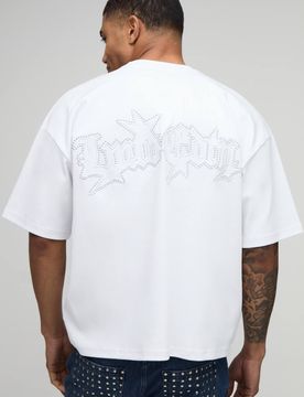 Herren Oversized Boxy PU-Applikation Nieten Heavyweight Interlock T-Shirt White Größe Large