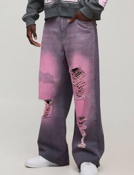Herren Weite Jeans Hosen mit getöntem Rip-and-Repair-Denim Pink Größe 36R