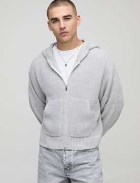 Herren Boxy Fit Gerippter Durchgehend Reißverschluss Strick-Hoodie Sweatshirt Light Grey Größe Large